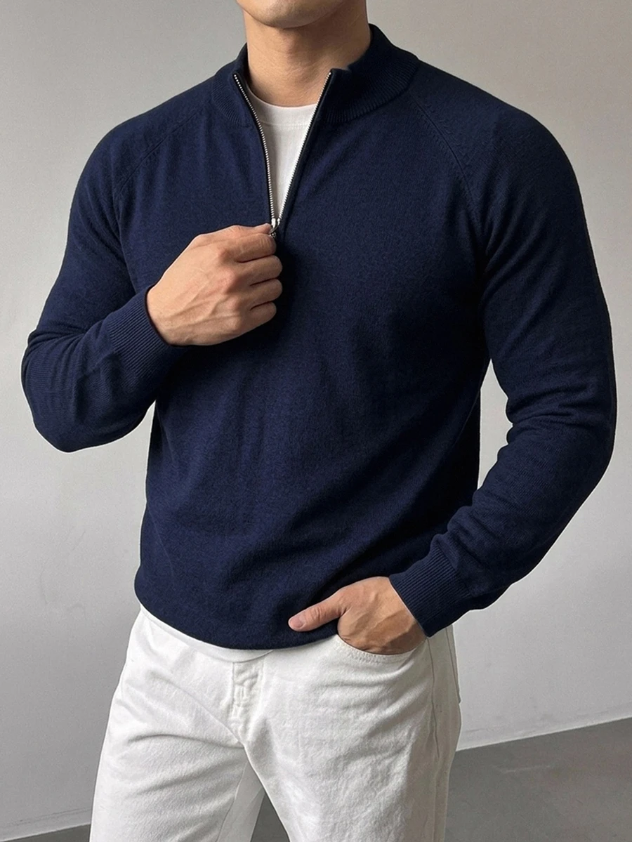 DAZY Men's Solid Color Casual Versatile Daily Wear Long Sleeve Sweater - Navy Blue - View 1