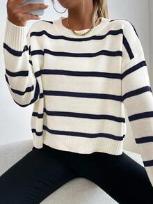 Sprig & Strand Women Striped Round Neck Dropped Shoulder Long Sleeve Casual Pullover Sweater, Autumn/Winter Knit Pullover Fall - Blue and White - View 1
