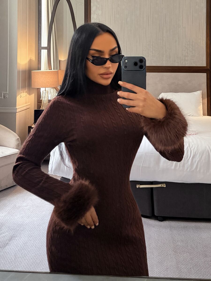 SHEIN SXY Women's Plush Patchwork Casual Everyday Knit Dress - Brown - View 1