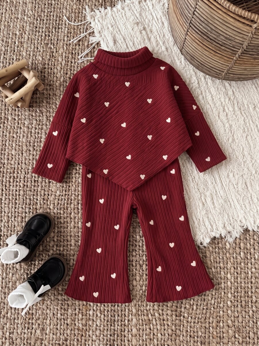 SHEIN 2Pcs Toddler Girl Knit Sweater Flare Pants Sweet Burgundy Heart Ribbed Asymmetric Long Sleeve Turtleneck Regular Holiday Fall Suits - Red and White - View 1