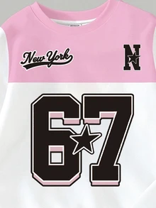 SHEIN 女童時尚紐約67徽章五角星條紋紫色拼接圖案基礎圓領運動衫與內搭褲2件套 秋季 - 彩色 - 查看 7