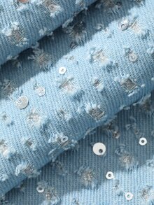 Dazy Plus Plus Size Sequin Tube Top And Pocket Long Pants Denim Set, Fashion Party - Teal Blue - View 3