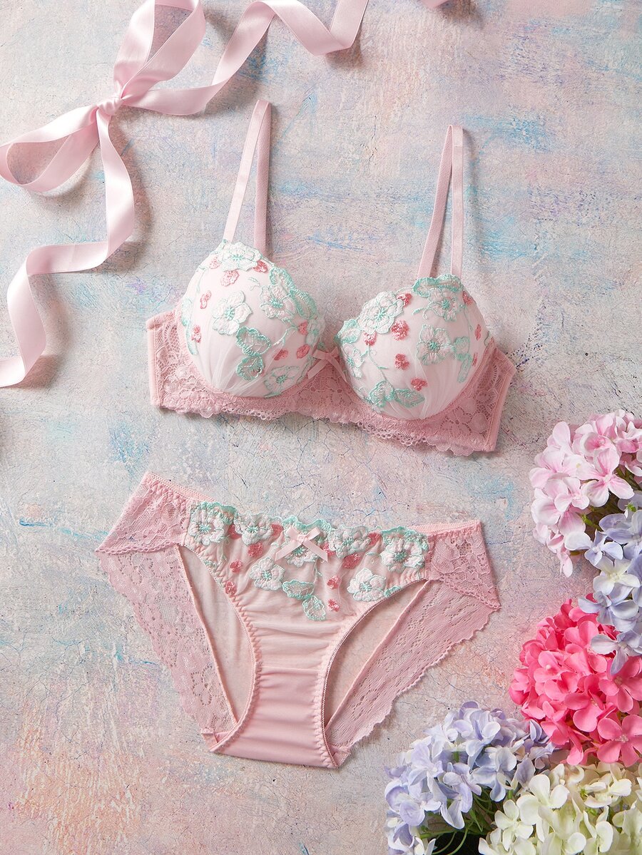 Elorette 2pcs Mint Green Underwire Molded Cup High Support Push Up Lift Floral Embroidery Comfy Balconette Bra Set For Women - Pink - View 1
