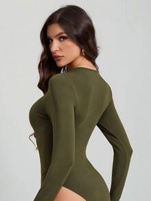 SHEIN Tall 純色長袖修身黑色連身衣，適合高個女性 - 軍綠色 - 查看 2
