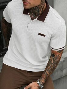 Manfinity CasualCool 男士字母印花短袖 Polo 衫，米色，夏季，休閒時尚，度假，復古老錢風休閒通勤棕色上衣，適合日常休閒辦公 - 白色 - 查看 3