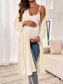 Slowluna 孕婦蕾絲飾邊細肩帶睡裙與晨袍 2 件組哺乳套裝 秋季 - 黃色 - 查看 3
