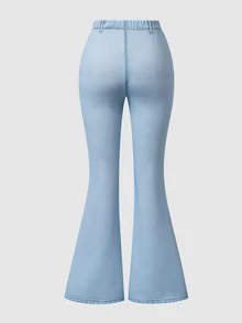 Girls Printed Flare Leg Long Pants, Elastic Gathered Ruched Waist, Light Blue Pocket & Stitch Print, Soft Lightweight Casual Trousers For Tween - Baby Blue - View 2
