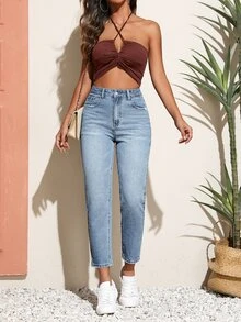 SHEIN PETITE 女款純色極簡日常牛仔褲，適合小個女生 - 藍色 - 查看 6