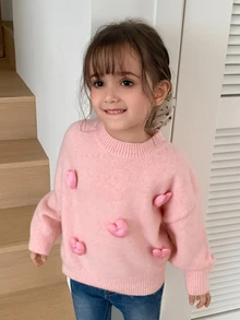 Hapijoa Young Girl 3D Heart Decor Round Neck Drop Shoulder Long Sleeve Casual Sweater - Pink - View 5