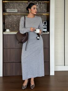 Livesso Autumn/Winter Round Neck Loose Minimalist Daily Waist-Cinching Casual Commute Grey Knit Sweater Dress - Grey - View 5