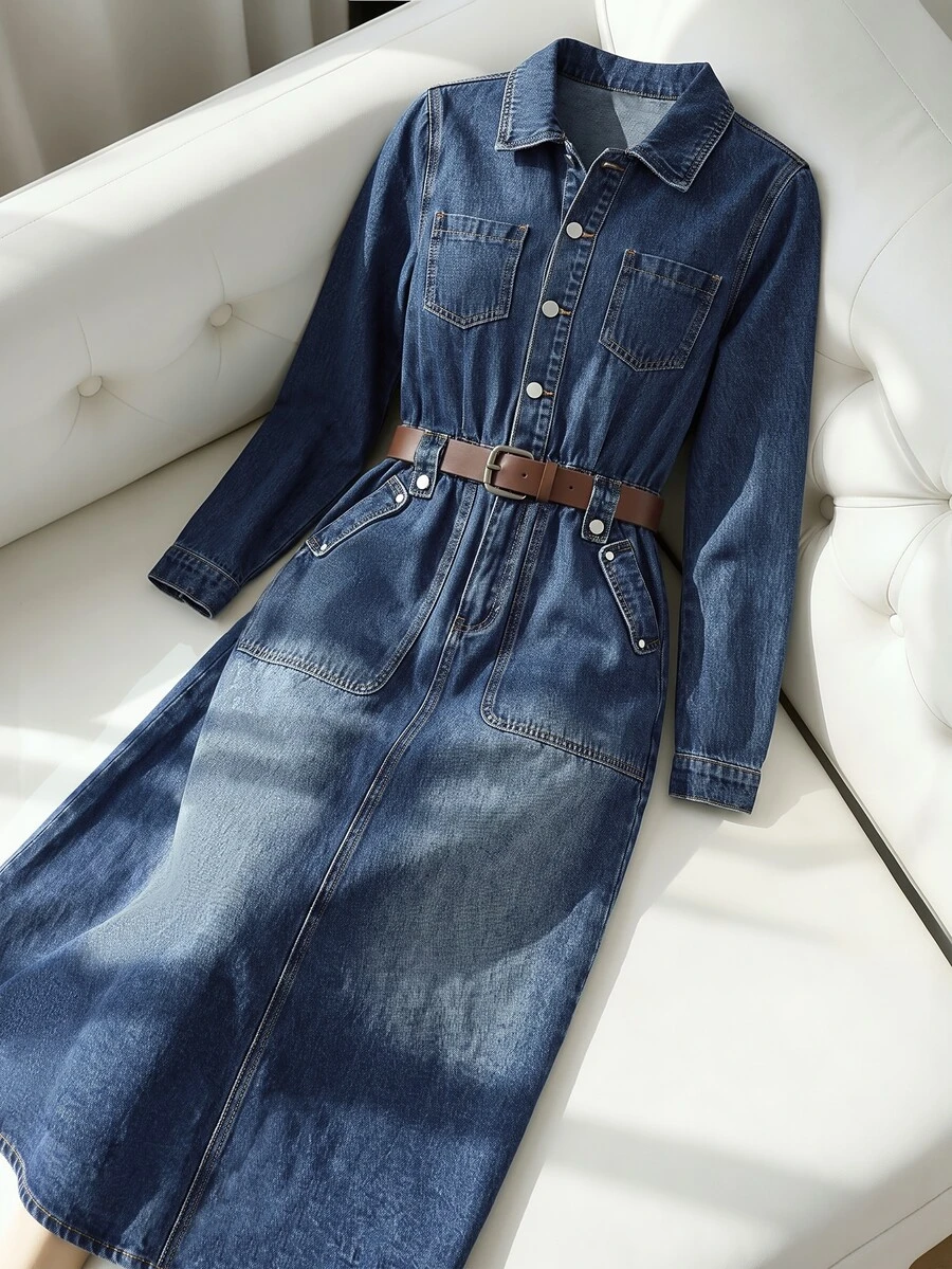 GlowEve Women's Commuter Long Sleeve Denim Dress With Pockets - Medium Wash - View 1