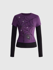ROMWE Grunge Punk Áo nữ Gothic 2 trong 1 phối patchwork len dệt, in họa tiết mạng nhện đính đá rhinestone - Màu tím - Xem 1