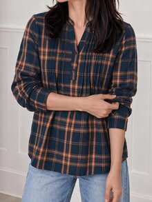 Yumoku 女款格紋鈕扣半開襟襯衫，適合度假穿著 - 彩色 - 查看 3