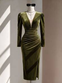 Fine & Folde Women's Elegant Velvet Slim Fit Long Sleeve Dress - Olive Green - View 1