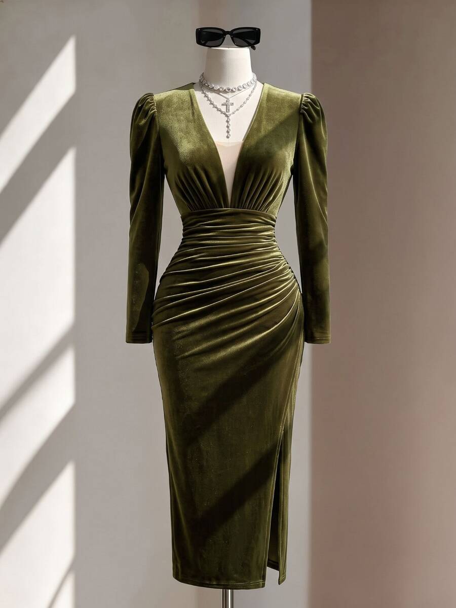 Fine & Folde Women's Elegant Velvet Slim Fit Long Sleeve Dress - Olive Green - View 1