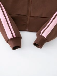 SHEIN 青少年女孩棕粉色側條紋拉鍊短版連帽衛衣與寬腿運動褲套裝，秋冬休閒運動風兩件式穿搭 - 棕色 - 查看 6
