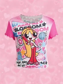 THE POWERPUFF GIRLS X SHEIN Tween Girl Letter Cartoon Print Casual Daily Short Sleeve T-Shirt - Pink - View 3