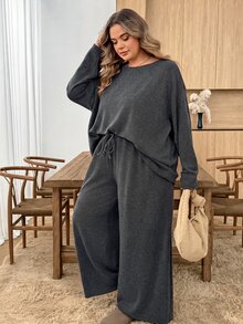 SHEIN CURVE+ 大尺碼女款秋季休閒純色巧克力棕色冬季豐滿居家穿著兩件套秋季 - 深灰色 - 查看 6