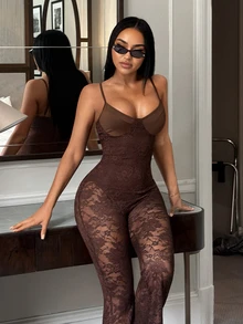 SHEIN SXY Women's Sexy Brown Lace Semi-Sheer Camisole Jumpsuit - Coffee Brown - View 3