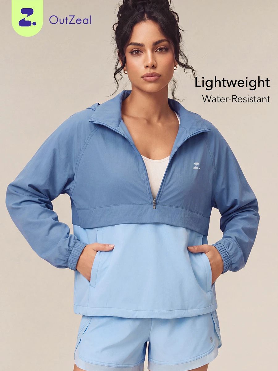 OutZeal Kaos Olahraga Wanita untuk Gym, Latihan, Tahan Air, Ringan, Hoodie dengan Resleting Setengah di Depan - Baby Blue - View 1