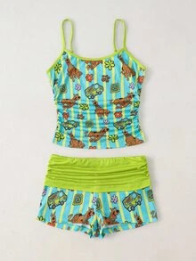 SCOOBY-DOO X SHEIN Women's Striped Camisole Top And Ruched Waist Shorts Pajama Set SCOOBY-DOO - Multicolor - View 1