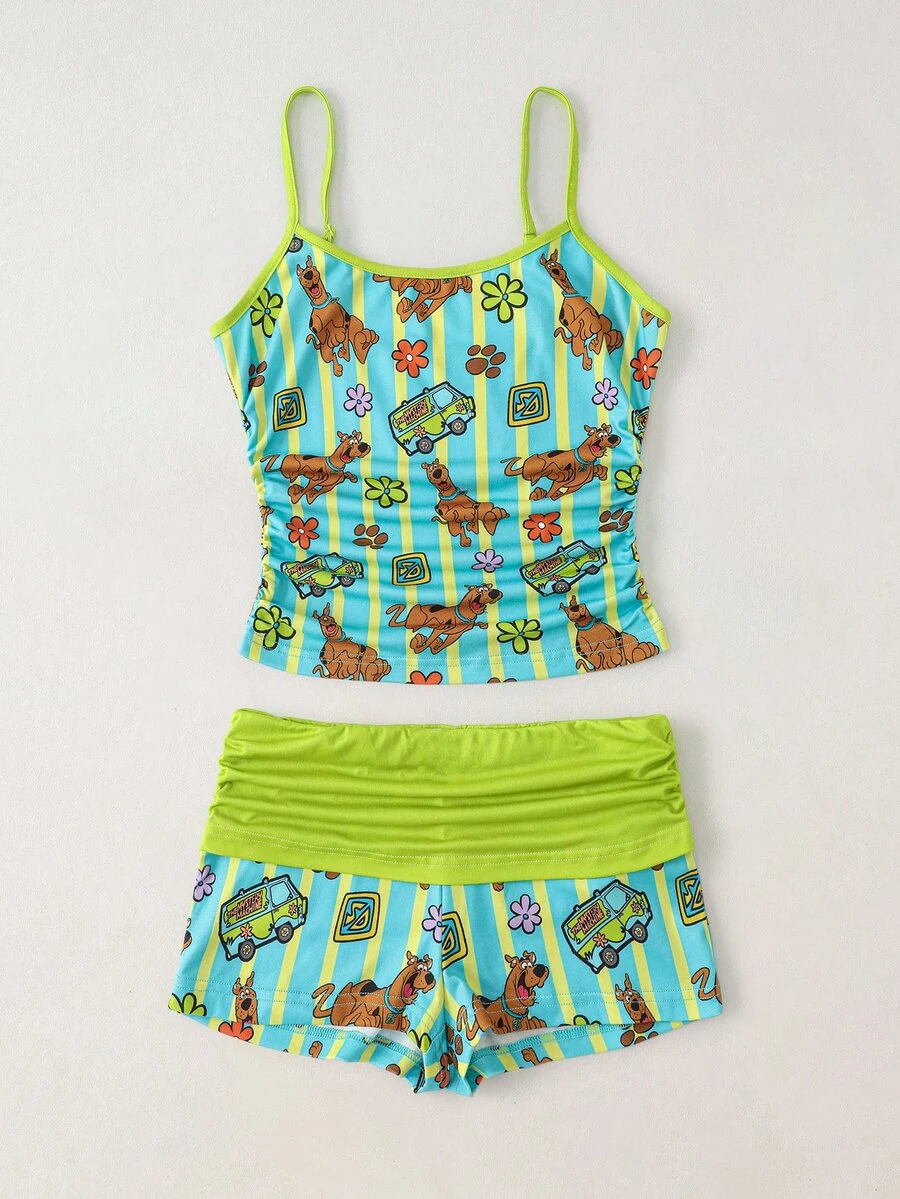 SCOOBY-DOO X SHEIN Women's Striped Camisole Top And Ruched Waist Shorts Pajama Set SCOOBY-DOO - Multicolor - View 1