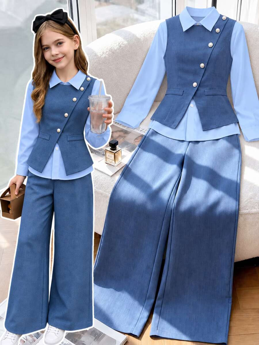 SHEIN 女童秋冬/春季休閒時尚簡約V領無袖腰帶外套+長袖白色襯衫+寬鬆直筒長褲三件套 - 藍色 - 查看 1