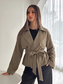 Aloruh 女款秋季純色雙排扣長袖短款卡其綠風衣，休閒優雅專業風格，適合辦公室商務穿著 - 摩卡棕 - 查看 6