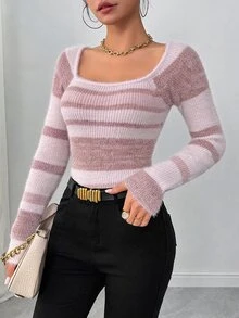 Sprig & Strand Women Striped Minimalist Pullover Sweater, Casual Daily Wear, Long Sleeve Top Knit Pullover Fall Winter - Multicolor - View 4