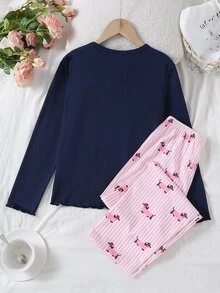 Tween Girl Blue Ribbed Cute Puppy Print Long Sleeve Top, Puppy Pink Ribbed Pants Loungewear Set, Round Neck Ribbed, 2 Pieces Set, Soft Autumn/Winter Set - Navy Blue - View 2