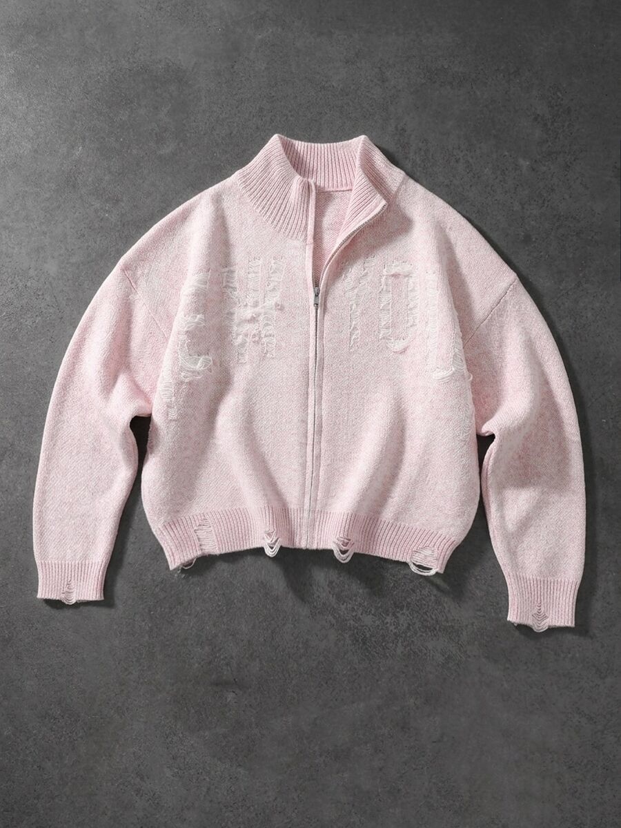 Manfinity Hypemode Autumn/Winter New Men's Cardigan Distressed Zipper Long Sleeve Versatile Sweater Goth,Y2k,Streetwear - Pink - View 1