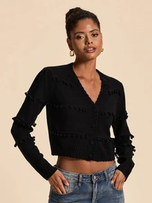 Travachic Women's Solid Color Pom Pom Design Long Sleeve Elegant Single-Breasted Knit Cardigan - Black - View 4