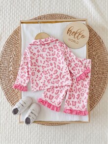 SHEIN 新生兒粉色豹紋單排扣上衣與長褲2件式居家服套裝 - 粉色 - 查看 10