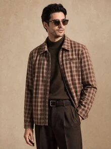Core Aspect 2026春夏男士棕色格紋翻領夾克外套，復古休閒商務通勤街頭風外套 - 棕色 - 查看 5