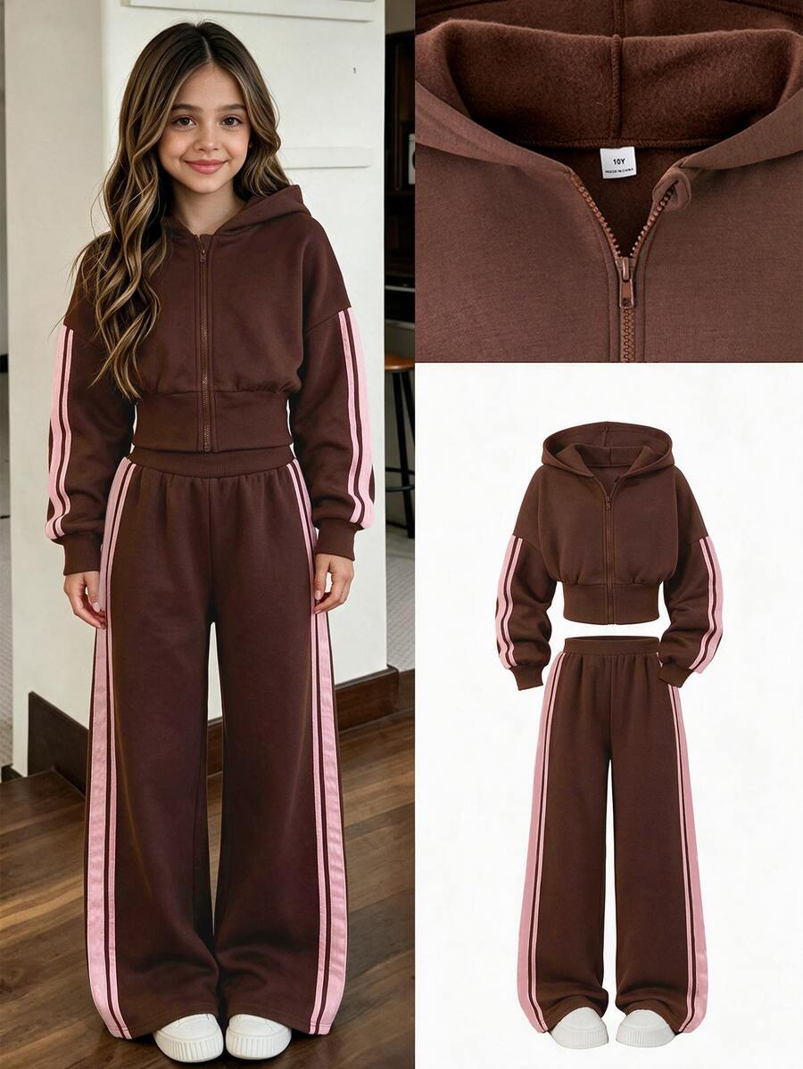 SHEIN 青少年女孩棕色與粉色側條紋拉鍊短版連帽外套寬腿運動褲套裝,秋冬休閒運動風 2 件套,適合慢跑與上學 - 棕色 - 查看 1