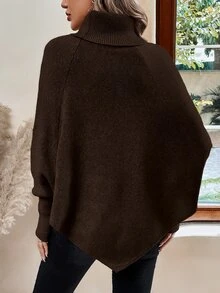 SHEIN LUNE 女款鈕扣細節高領休閒針織毛衣，長袖套頭上衣，秋冬款 - 棕色 - 查看 2