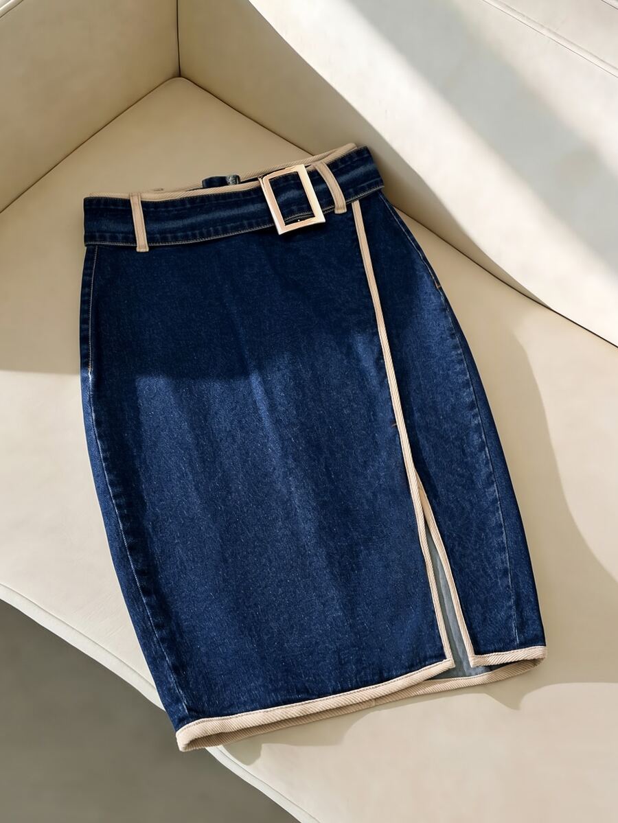 GlowEve Women's Fashion Denim Skirt With Trim And Side Slit Hem - Blue - View 1