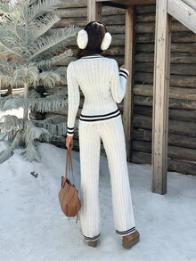 Flirla Women's Autumn/Winter Lazy Fashion Minimalist Casual Daily College Style Home Sweater 2 Pieces Set - Black and White - View 2