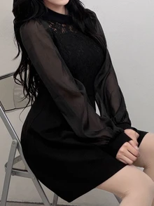 FRIFUL Women's Lace Patchwork Casual Daily Summer Dress - Black - View 5
