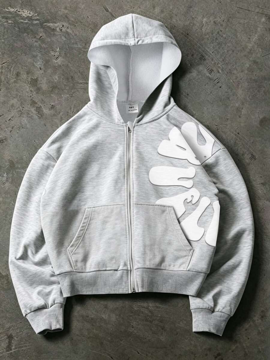 SHEIN Sweatshirt Kasual Resleting dengan Motif Huruf untuk Anak Laki-Laki Usia Remaja - Grey - View 1