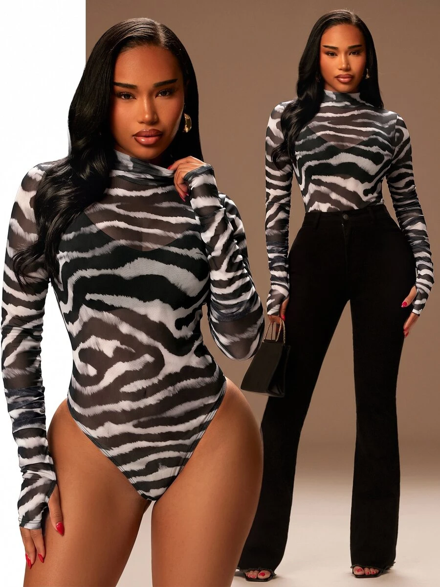 Radiana Plus Size Zebra Print Bodysuit, All-Match Versatile, Daily Casual, Streetwear, Shopping, Gathering, Vacation, Date, Birthday - Multicolor - View 1