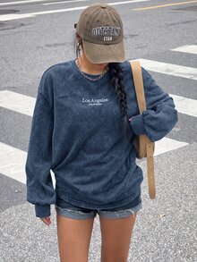 Muchica 女款做舊雪洗圓領長袖字母印花休閒街頭風深灰色T恤，開學季日常白天學生秋季穿搭 - 藏蓝色 - 查看 3