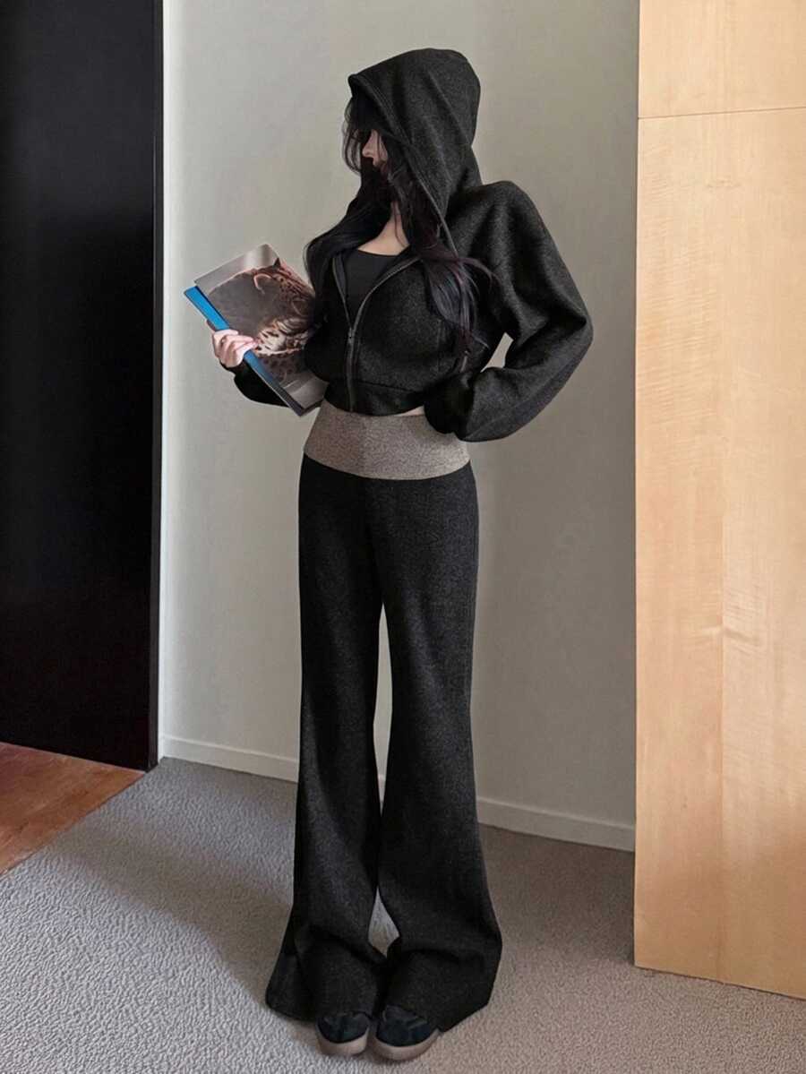 DAZY Autumn/Winter Thick Hooded Black Short Sweatshirt Jacket & Loose Flared Pants Casual Streetwear 2 Pieces Set For Women - Black - View 1