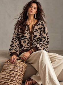 Linhara CURVE 1pc Women's Plus Size Round Neck Drop Shoulder Long Sleeve Leopard Print Casual Urban Vintage Knit Cardigan, Suitable For Daily Commute, Spring And Autumn - Multicolor - View 1