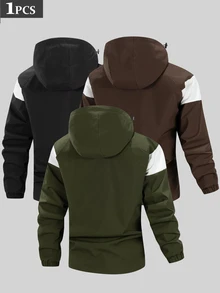 Gym Rark New Arrival Men's Drawstring Hooded Jacket, V-Shaped Colorblock Patchwork, Diagonal Zipper Pockets, Full Zip Front, Elastic Cuffs And Hem, Casual Sports Spring/Autumn Outerwear - Army Green - View 2