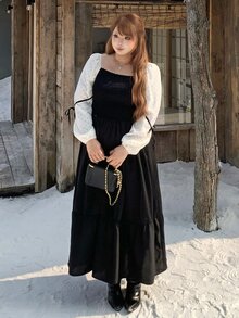 Bijouette Plus Size Polka Dot & Solid Color Patchwork Long Sleeve Dress, Loose A-Line Bowknot Waist + Multi-Layer Tiered Ruffle Hem, Flattering Belly & Hip Coverage, Slimming For Pear & Apple Body Shapes, All-Size Friendly, Non-Constricting, Japanese Gentle Style For Commute, Date, Travel & Sightseeing - Black - View 3