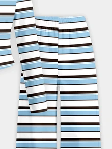 (1 Set)Young Girls Autumn Casual Fashion Fresh Blue Brown White Striped Pattern Fitted Long Sleeve T-Shirt And Wide Leg Pants - Multicolor - View 5