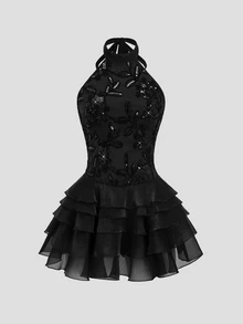 Sweetra Women's Floral Print Mini Mesh Dress, Slimming Elegant Party Style - Black - View 1