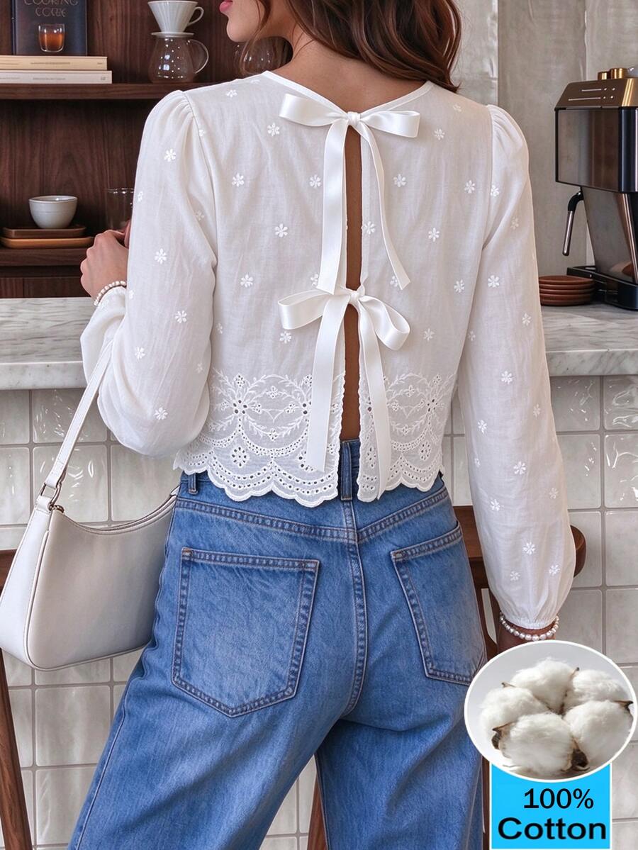 Cévolie Women's White Pure Cotton Floral Embroidered Pattern Round Neck Lantern Sleeve Short Blouse With Back Tie Design, Solid Color Minimalist Casual Versatile, Suitable For Daily Wear - White - View 1