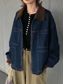 FRIFUL Women's Colorblock Lapel Zipper Front Casual Denim Jacket - Blue - View 3